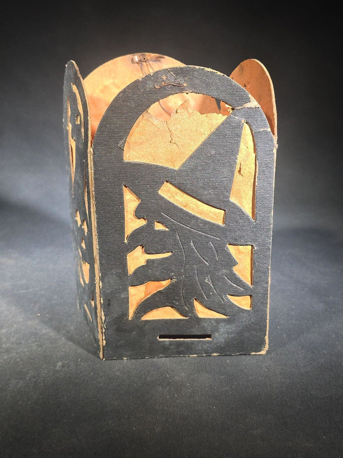 Trio of Antique Halloween Die-Cut Cardboard Fold-Out Lanterns with Black Cat, Owl, Witch, and Jack-O-Lantern Silhouette Panels, Orange Tissue Paper Lining, Note Condition Issues with All
