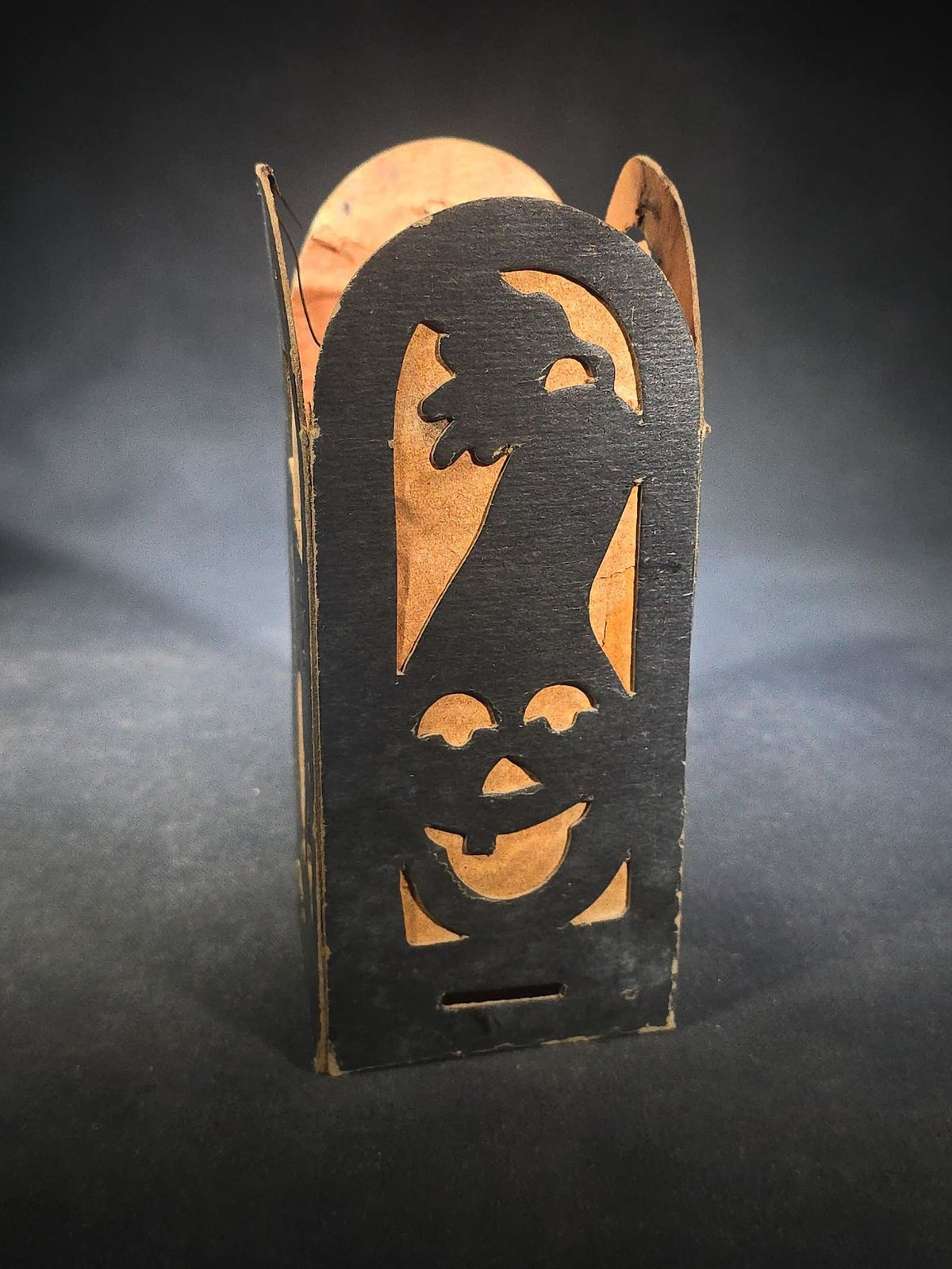 Trio of Antique Halloween Die-Cut Cardboard Fold-Out Lanterns with Black Cat, Owl, Witch, and Jack-O-Lantern Silhouette Panels, Orange Tissue Paper Lining, Note Condition Issues with All