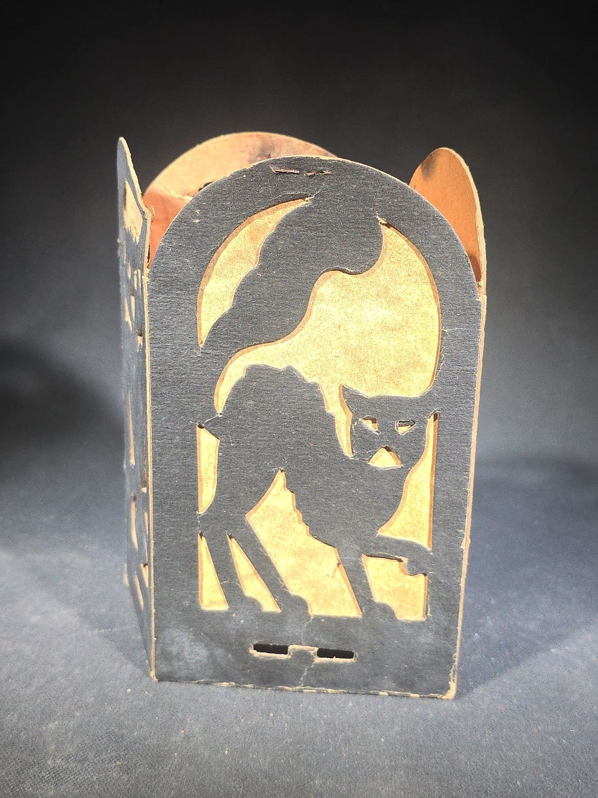 Trio of Antique Halloween Die-Cut Cardboard Fold-Out Lanterns with Black Cat, Owl, Witch, and Jack-O-Lantern Silhouette Panels, Orange Tissue Paper Lining, Note Condition Issues with All