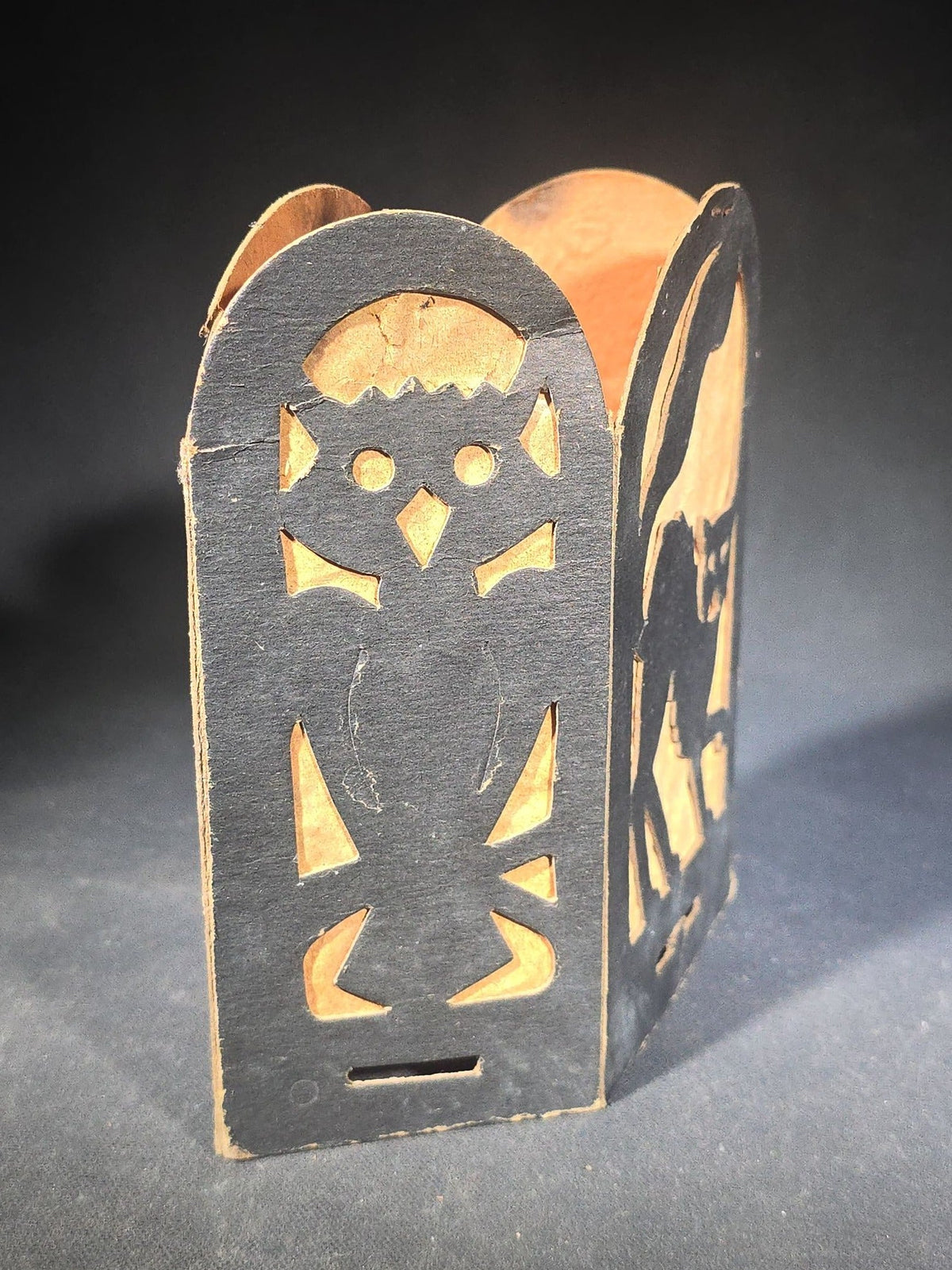 Trio of Antique Halloween Die-Cut Cardboard Fold-Out Lanterns with Black Cat, Owl, Witch, and Jack-O-Lantern Silhouette Panels, Orange Tissue Paper Lining, Note Condition Issues with All