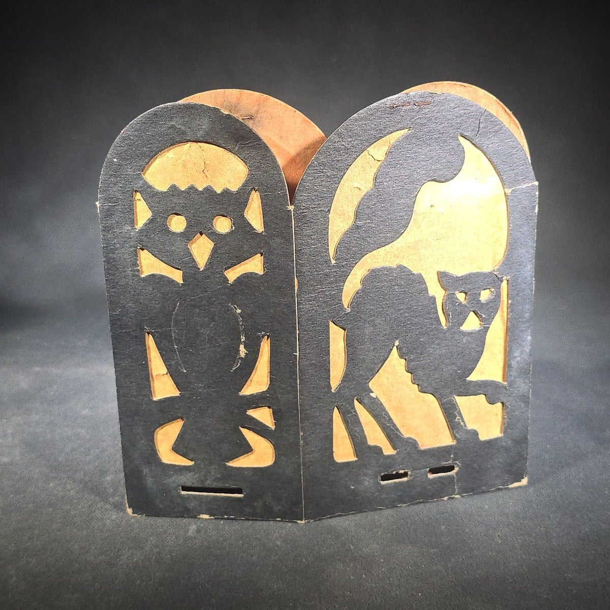 Trio of Antique Halloween Die-Cut Cardboard Fold-Out Lanterns with Black Cat, Owl, Witch, and Jack-O-Lantern Silhouette Panels, Orange Tissue Paper Lining, Note Condition Issues with All