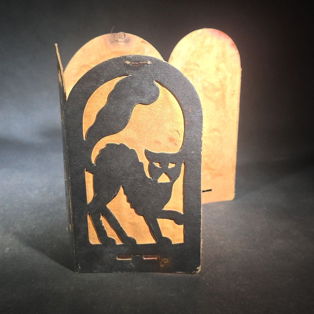 Trio of Antique Halloween Die-Cut Cardboard Fold-Out Lanterns with Black Cat, Owl, Witch, and Jack-O-Lantern Silhouette Panels, Orange Tissue Paper Lining, Note Condition Issues with All