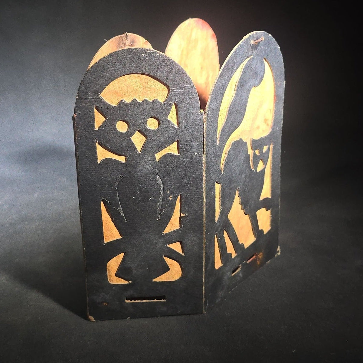 Trio of Antique Halloween Die-Cut Cardboard Fold-Out Lanterns with Black Cat, Owl, Witch, and Jack-O-Lantern Silhouette Panels, Orange Tissue Paper Lining, Note Condition Issues with All