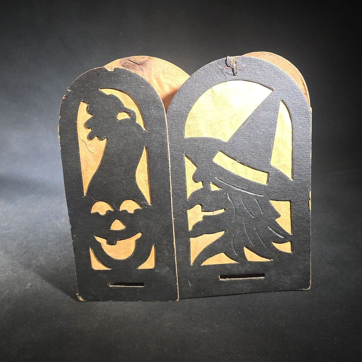 Trio of Antique Halloween Die-Cut Cardboard Fold-Out Lanterns with Black Cat, Owl, Witch, and Jack-O-Lantern Silhouette Panels, Orange Tissue Paper Lining, Note Condition Issues with All