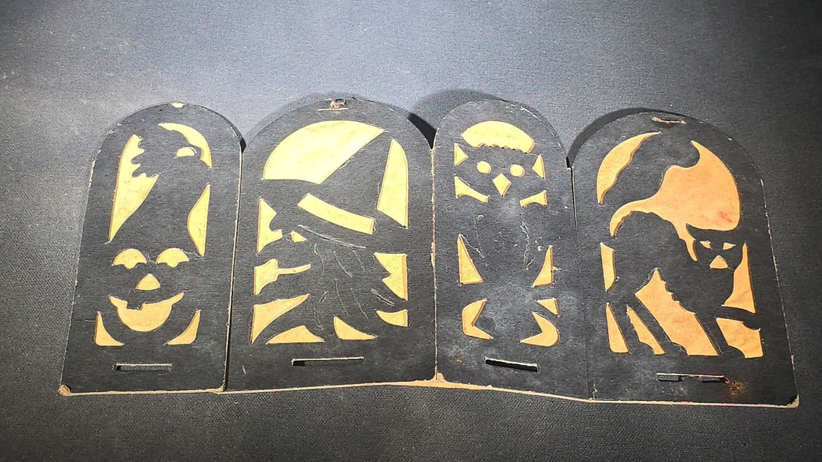 Trio of Antique Halloween Die-Cut Cardboard Fold-Out Lanterns with Black Cat, Owl, Witch, and Jack-O-Lantern Silhouette Panels, Orange Tissue Paper Lining, Note Condition Issues with All