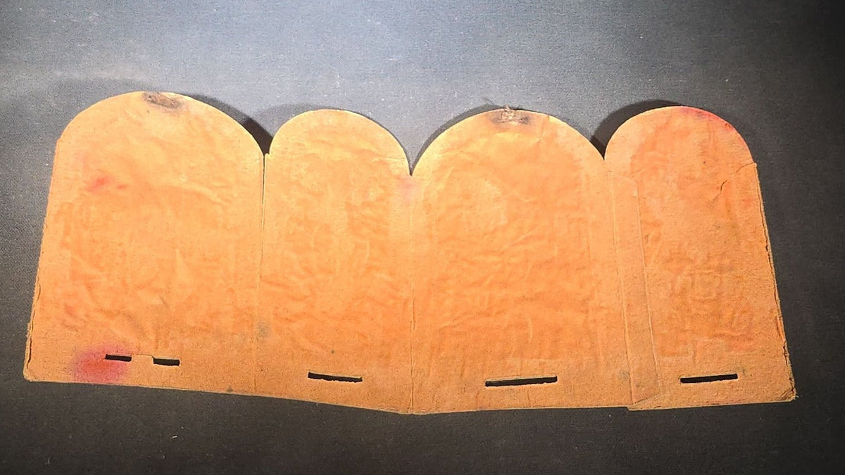 Trio of Antique Halloween Die-Cut Cardboard Fold-Out Lanterns with Black Cat, Owl, Witch, and Jack-O-Lantern Silhouette Panels, Orange Tissue Paper Lining, Note Condition Issues with All