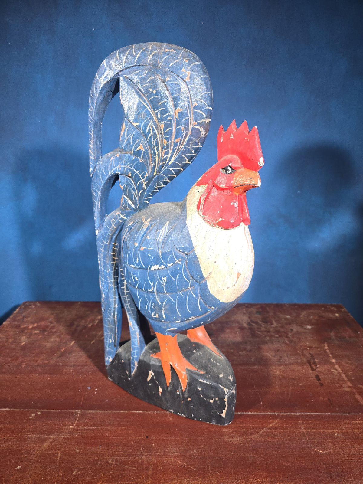 Vintage Folk Art Carved and Painted Wood Rooster Figure