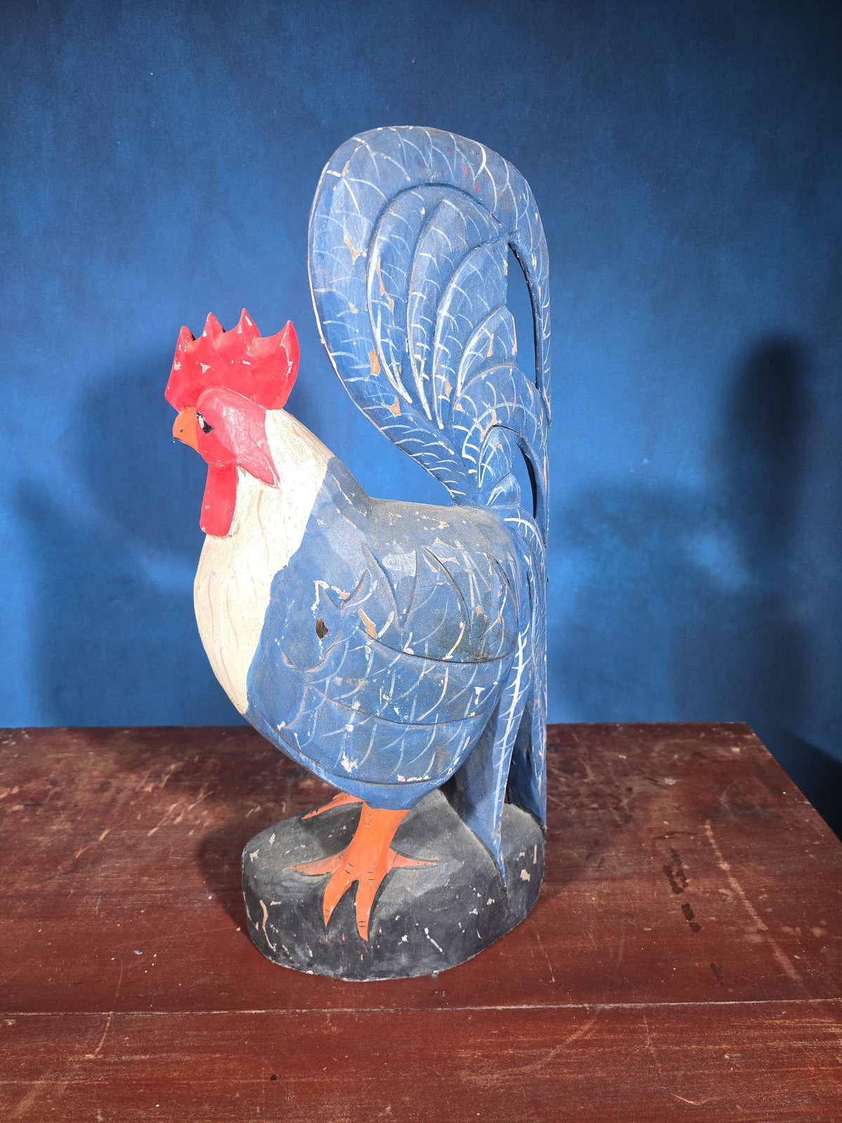 Vintage Folk Art Carved and Painted Wood Rooster Figure