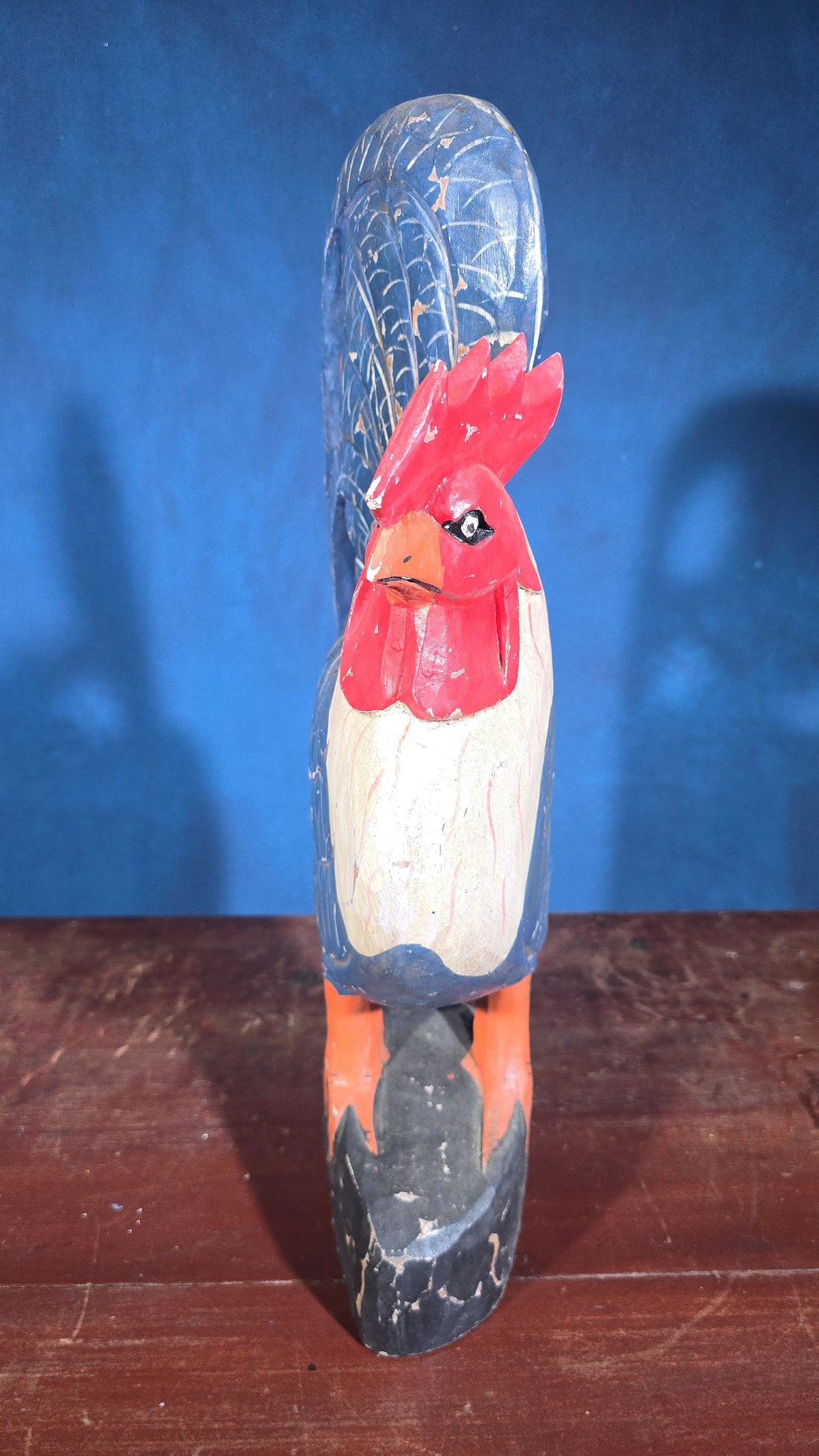 Vintage Folk Art Carved and Painted Wood Rooster Figure