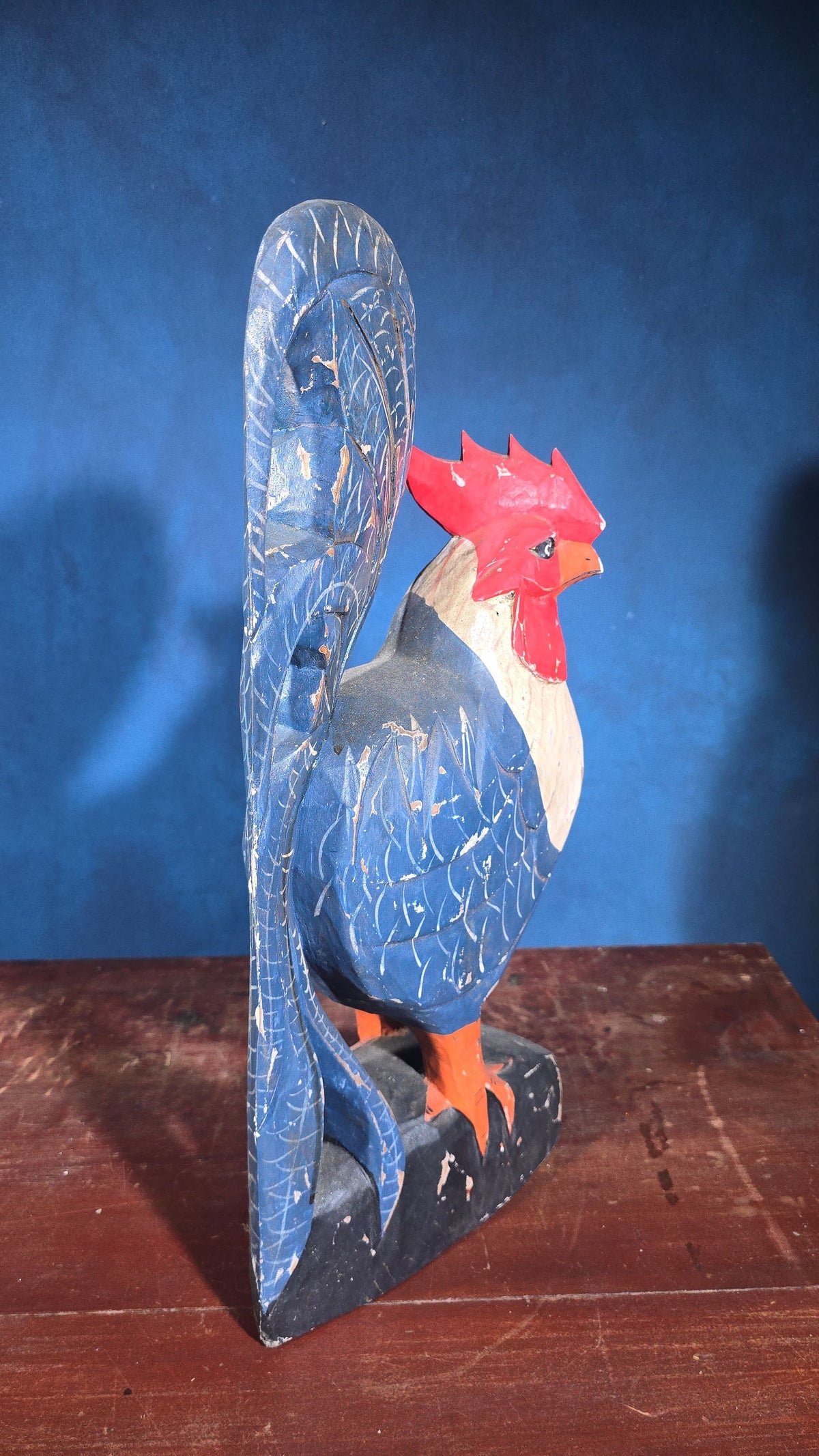 Vintage Folk Art Carved and Painted Wood Rooster Figure