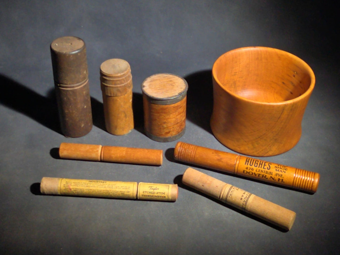 Grouping of Eight Antique, Vintage, and Modern Wooden Smalls Including Hughes "The Shoe Man" Advertising Shoehorn from Dover, New Hampshire, Turned Bowl Signed Jason Szafranski, Taylor Etched-Stem Thermometer, and "Century" Ear Syringe Case