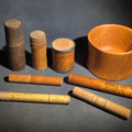Lot 129 - Grouping of Eight Antique, Vintage, and Modern Wooden Smalls Including Hughes "The Shoe Man" Advertising Shoehorn from Dover, New Hampshire, Turned Bowl Signed Jason Szafranski, Taylor Etched-Stem Thermometer, and "Century" Ear Syringe Case