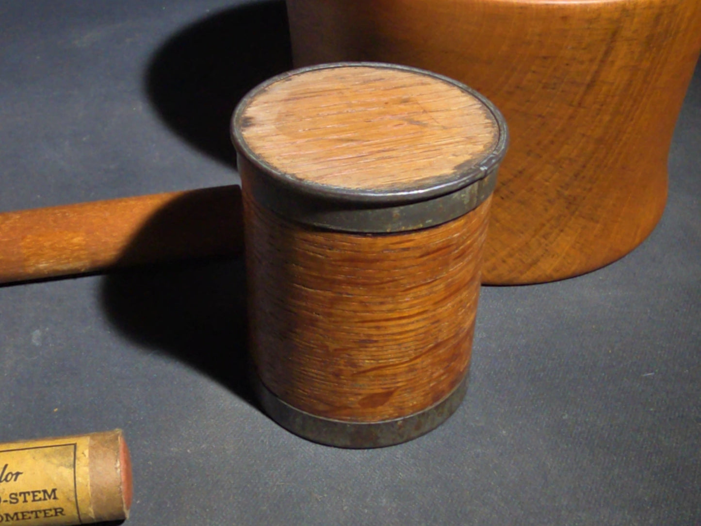 Grouping of Eight Antique, Vintage, and Modern Wooden Smalls Including Hughes "The Shoe Man" Advertising Shoehorn from Dover, New Hampshire, Turned Bowl Signed Jason Szafranski, Taylor Etched-Stem Thermometer, and "Century" Ear Syringe Case