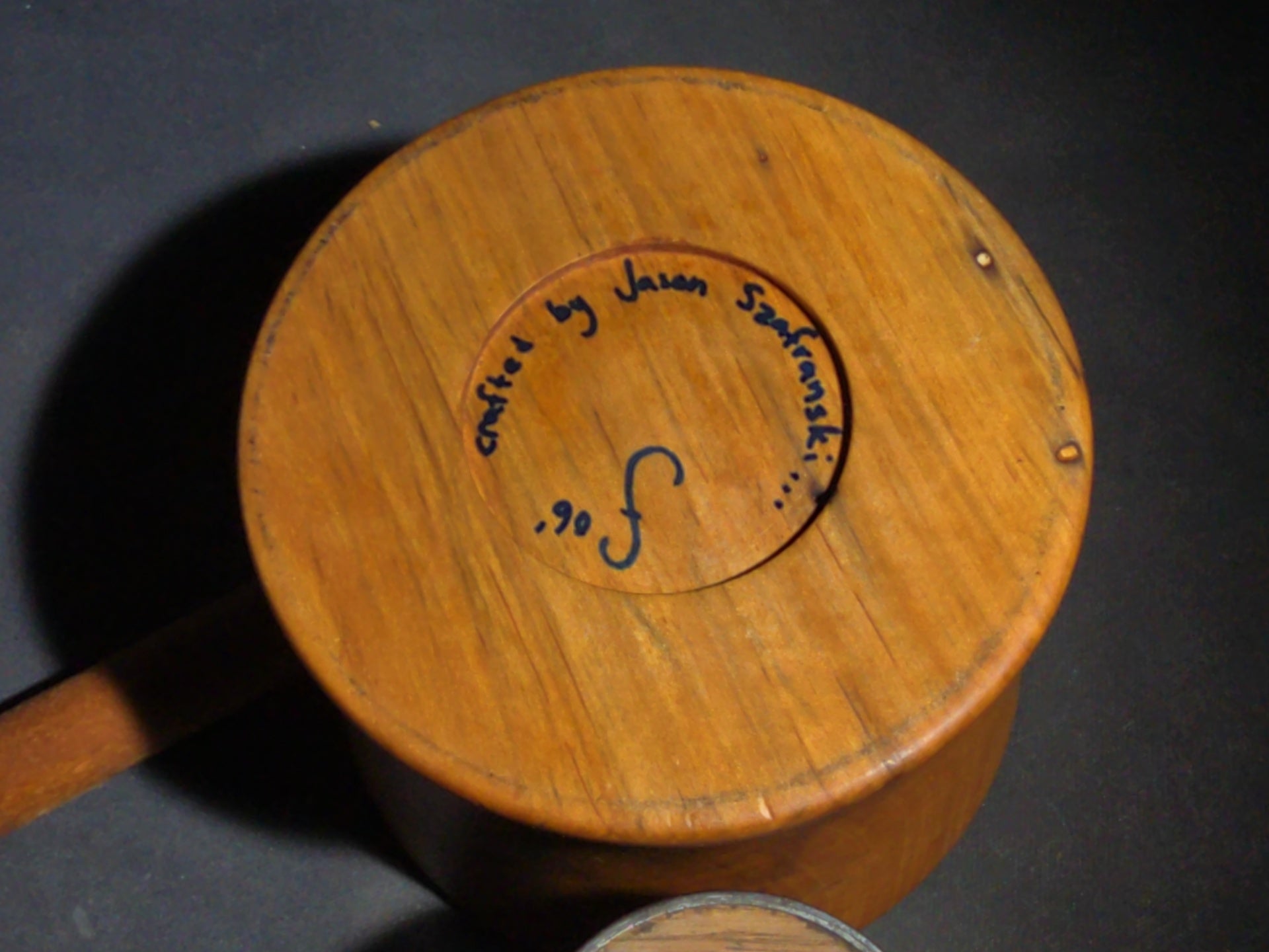 Grouping of Eight Antique, Vintage, and Modern Wooden Smalls Including Hughes "The Shoe Man" Advertising Shoehorn from Dover, New Hampshire, Turned Bowl Signed Jason Szafranski, Taylor Etched-Stem Thermometer, and "Century" Ear Syringe Case