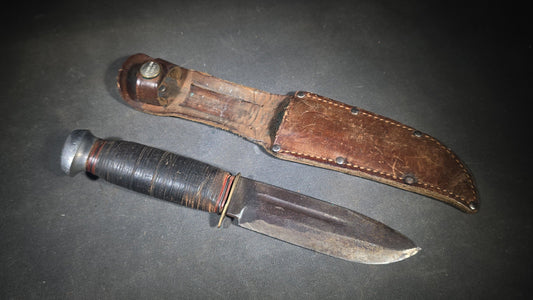 Vintage Baron Fixed-Blade Hunting Knife with Stacked Leather Handle and Leather Sheath, Manufactured by Baron, Solingen, Germany