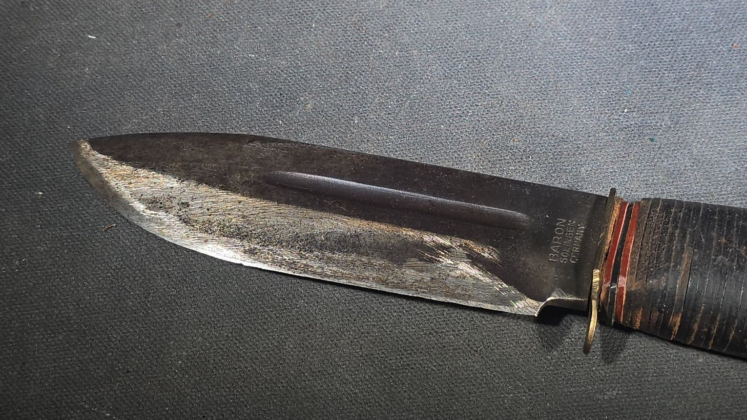 Vintage Baron Fixed-Blade Hunting Knife with Stacked Leather Handle and Leather Sheath, Manufactured by Baron, Solingen, Germany