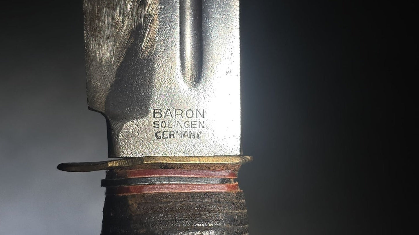 Vintage Baron Fixed-Blade Hunting Knife with Stacked Leather Handle and Leather Sheath, Manufactured by Baron, Solingen, Germany