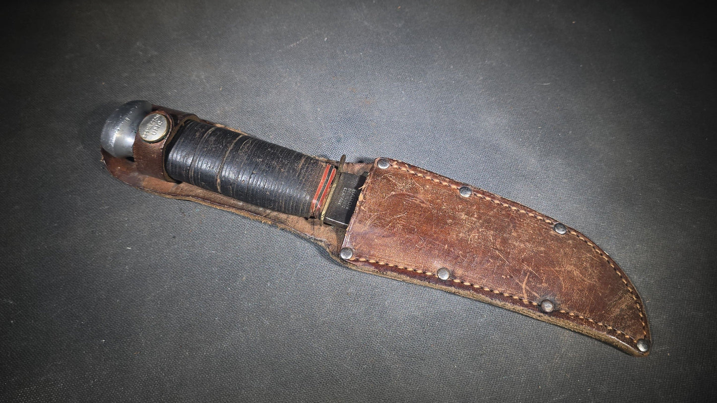 Vintage Baron Fixed-Blade Hunting Knife with Stacked Leather Handle and Leather Sheath, Manufactured by Baron, Solingen, Germany