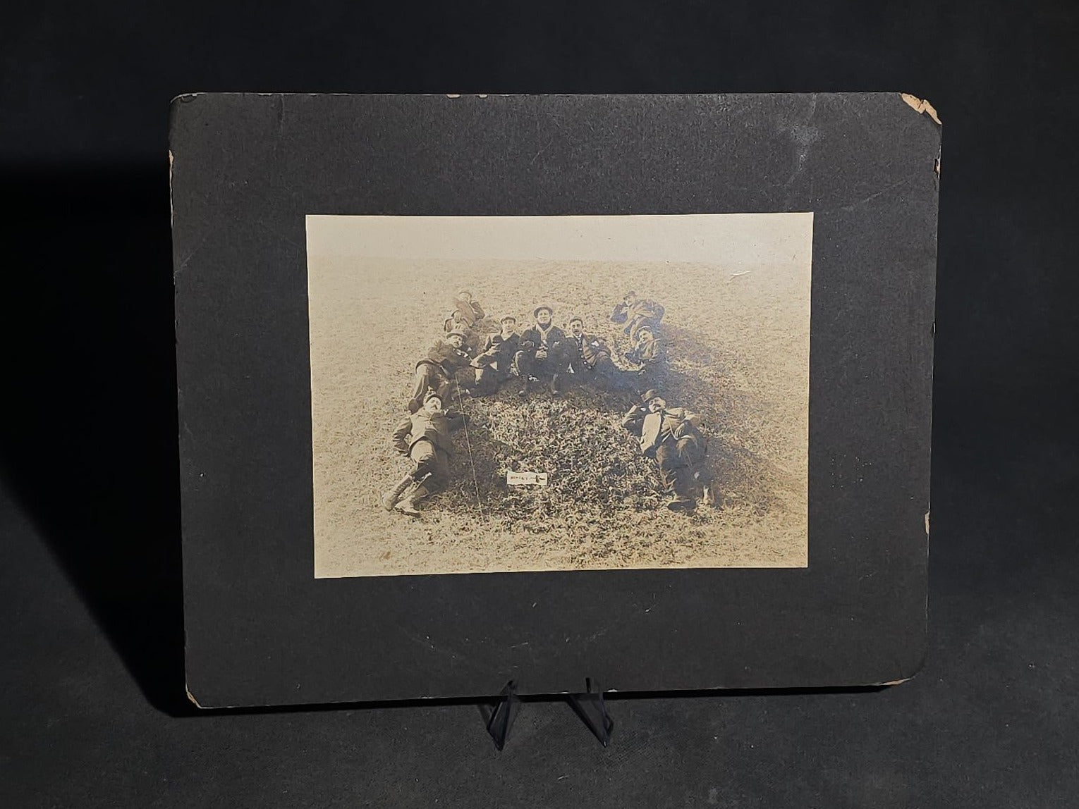Antique Board-Mounted "Selfie" Photograph of a Group of Men Arranged in the Shape of the Letter "H" with "Hikers" Banner and Cross, Self-Timed Shutter Release