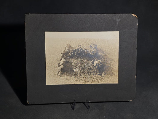 Antique Board-Mounted "Selfie" Photograph of a Group of Men Arranged in the Shape of the Letter "H" with "Hikers" Banner and Cross, Self-Timed Shutter Release