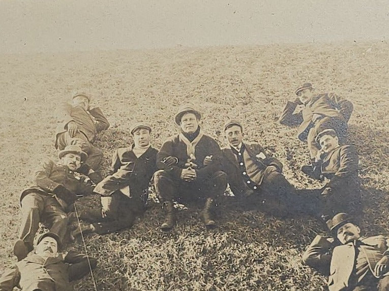 Antique Board-Mounted "Selfie" Photograph of a Group of Men Arranged in the Shape of the Letter "H" with "Hikers" Banner and Cross, Self-Timed Shutter Release