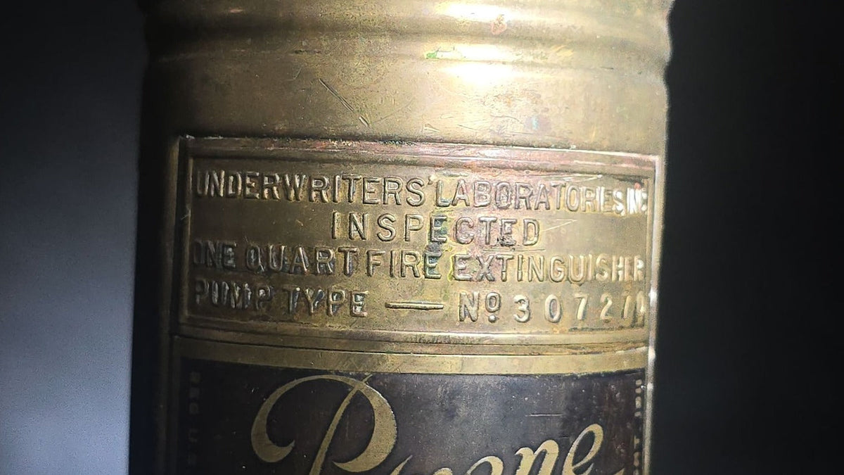 Antique Pyrene Brass One-Quart Pump-Type Fire Extinguisher with Wall-Mount Bracket, Manufactured by Pyrene M'f'g Co., New York, New York
