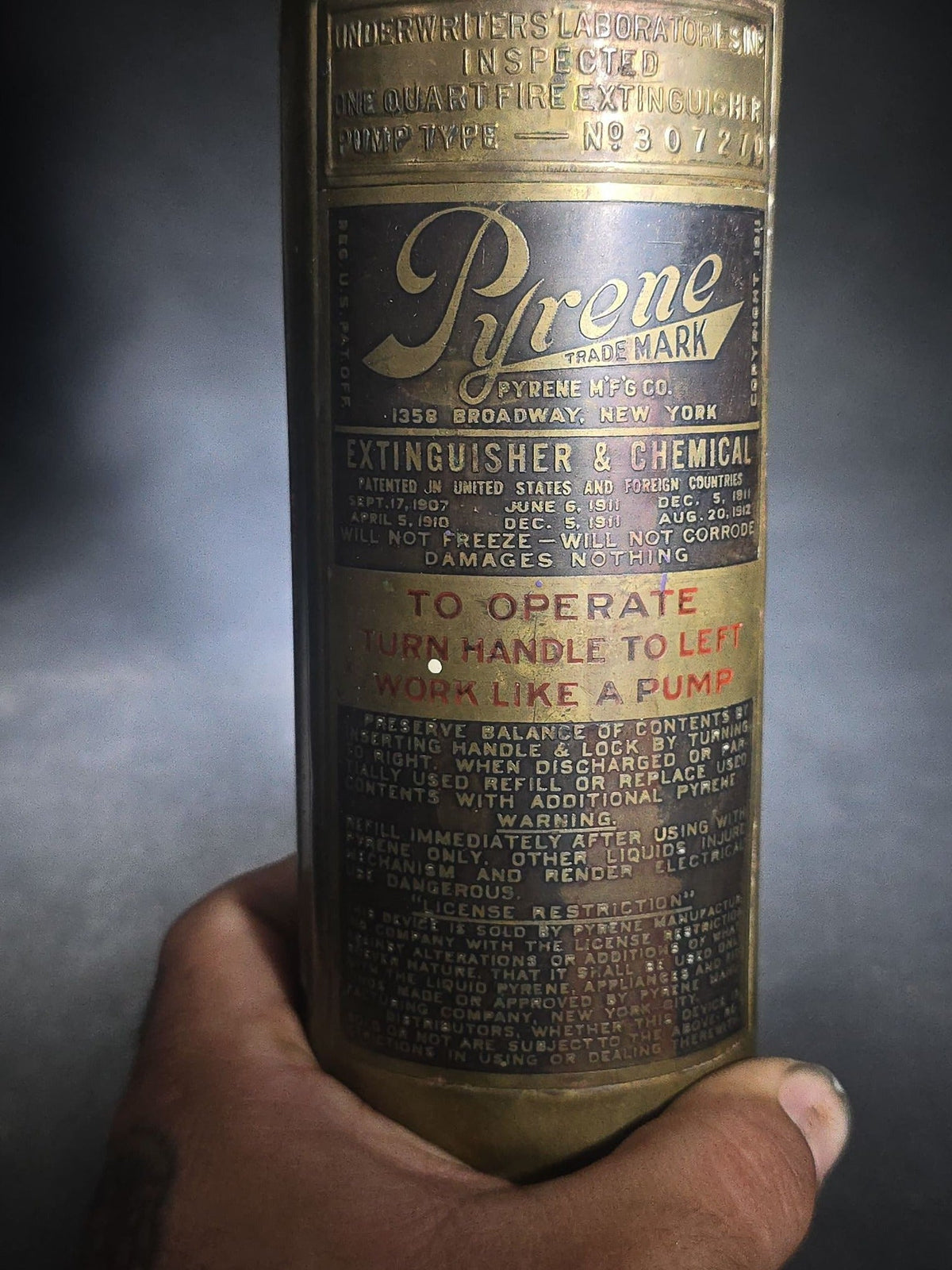 Antique Pyrene Brass One-Quart Pump-Type Fire Extinguisher with Wall-Mount Bracket, Manufactured by Pyrene M'f'g Co., New York, New York