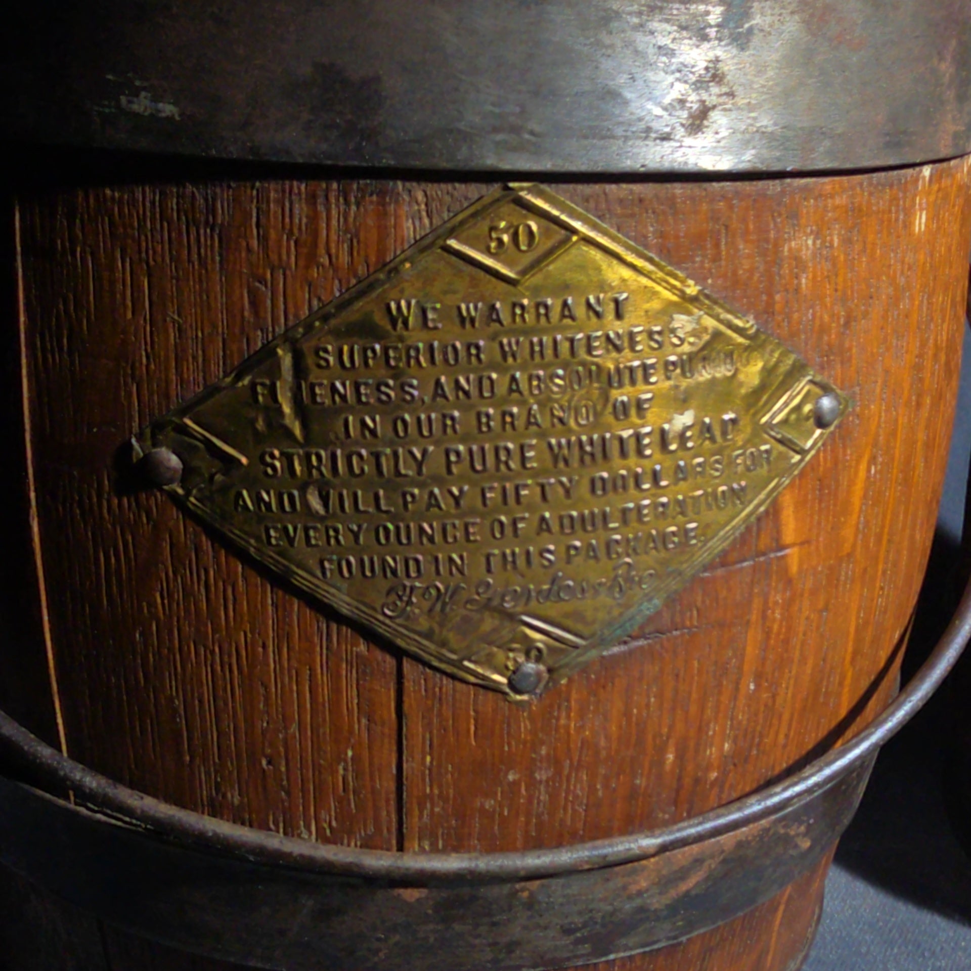 Trio of Antique Wooden Advertising Containers including F.W. Devoe & Co. White Lead Bucket with Brass Plaque, Hamilton's California Kadota Figs Barrel, and Briggs Smoking Tobacco Barrel