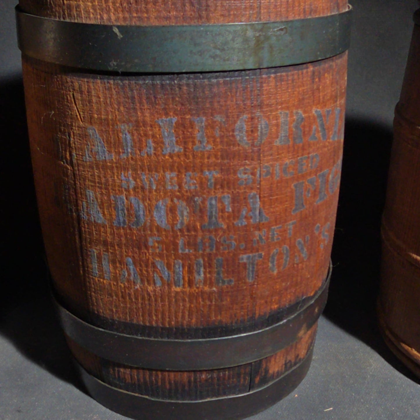 Trio of Antique Wooden Advertising Containers including F.W. Devoe & Co. White Lead Bucket with Brass Plaque, Hamilton's California Kadota Figs Barrel, and Briggs Smoking Tobacco Barrel