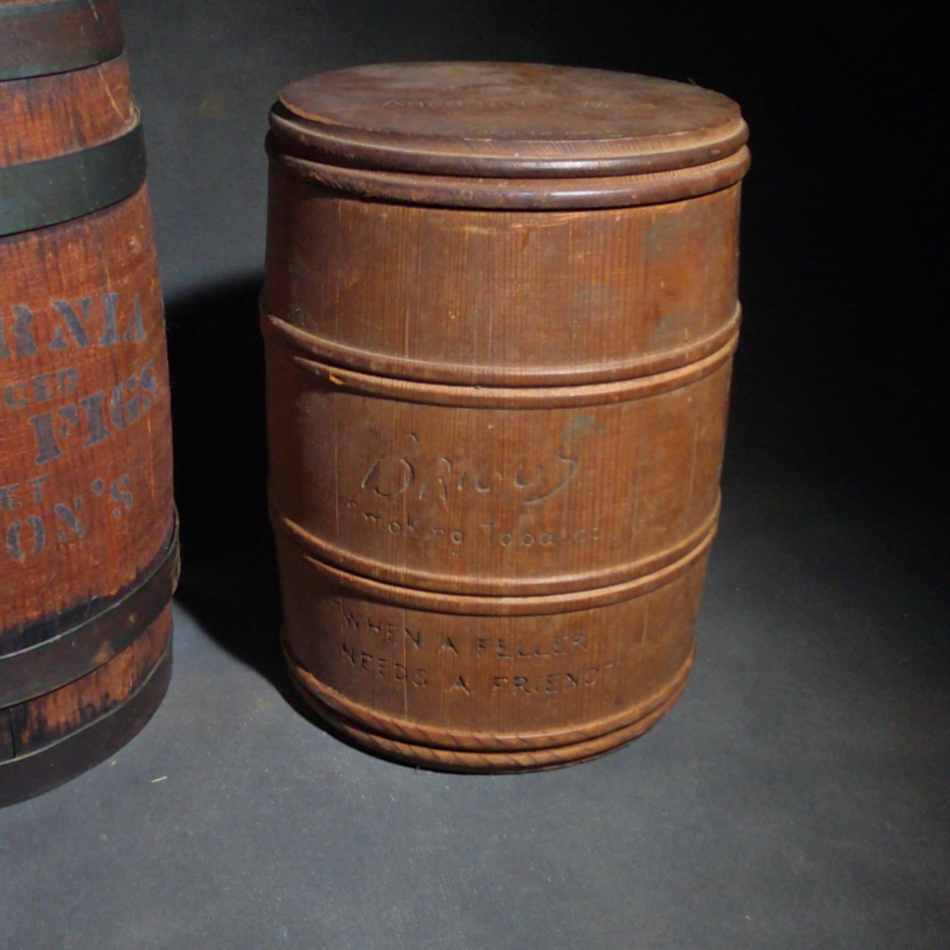 Trio of Antique Wooden Advertising Containers including F.W. Devoe & Co. White Lead Bucket with Brass Plaque, Hamilton's California Kadota Figs Barrel, and Briggs Smoking Tobacco Barrel