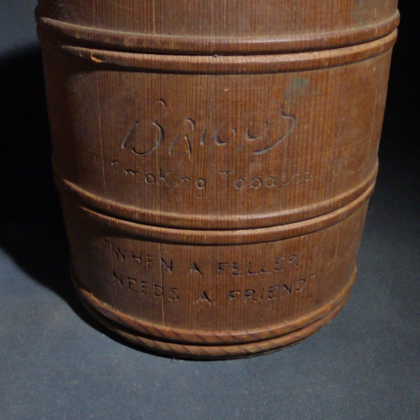 Trio of Antique Wooden Advertising Containers including F.W. Devoe & Co. White Lead Bucket with Brass Plaque, Hamilton's California Kadota Figs Barrel, and Briggs Smoking Tobacco Barrel