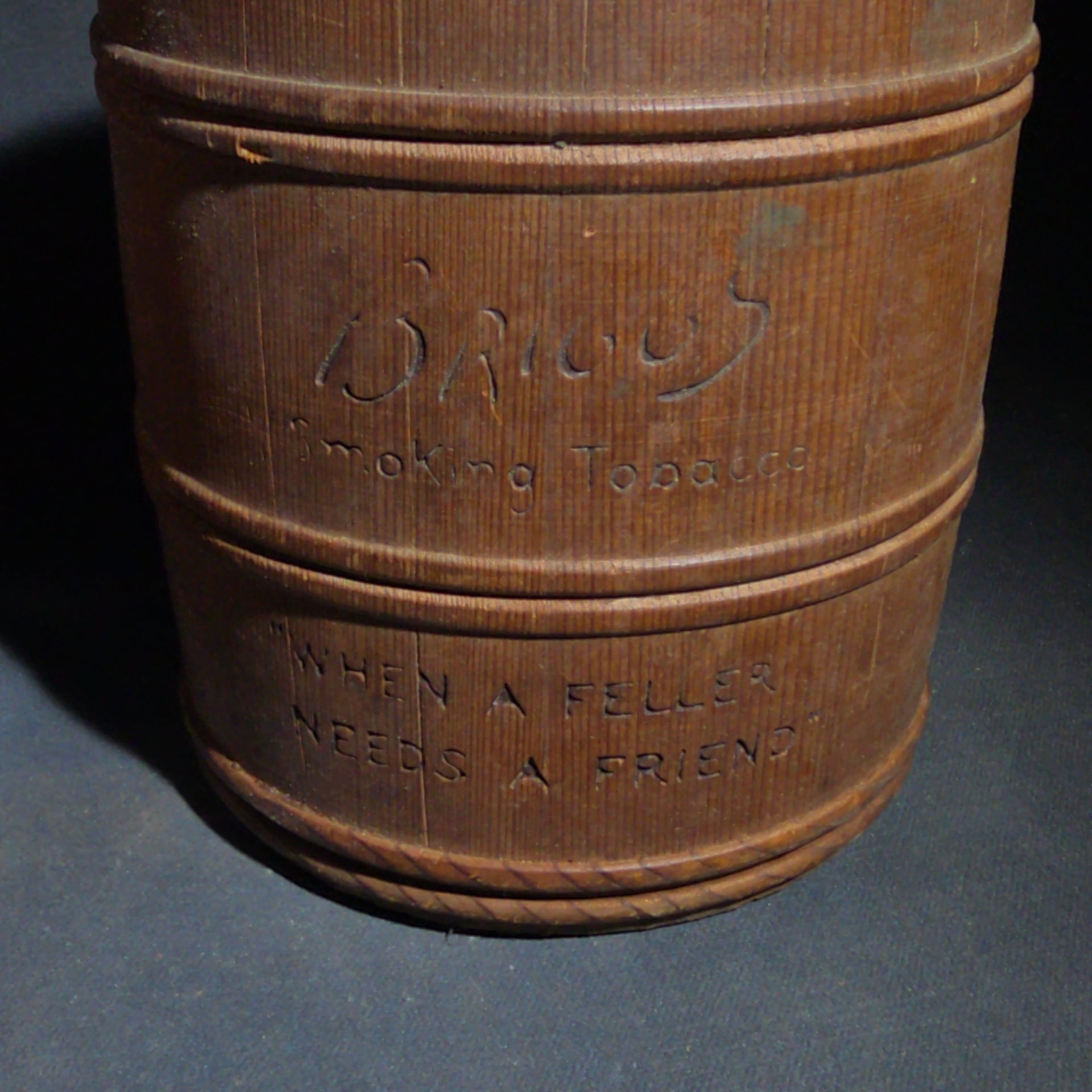 Trio of Antique Wooden Advertising Containers including F.W. Devoe & Co. White Lead Bucket with Brass Plaque, Hamilton's California Kadota Figs Barrel, and Briggs Smoking Tobacco Barrel