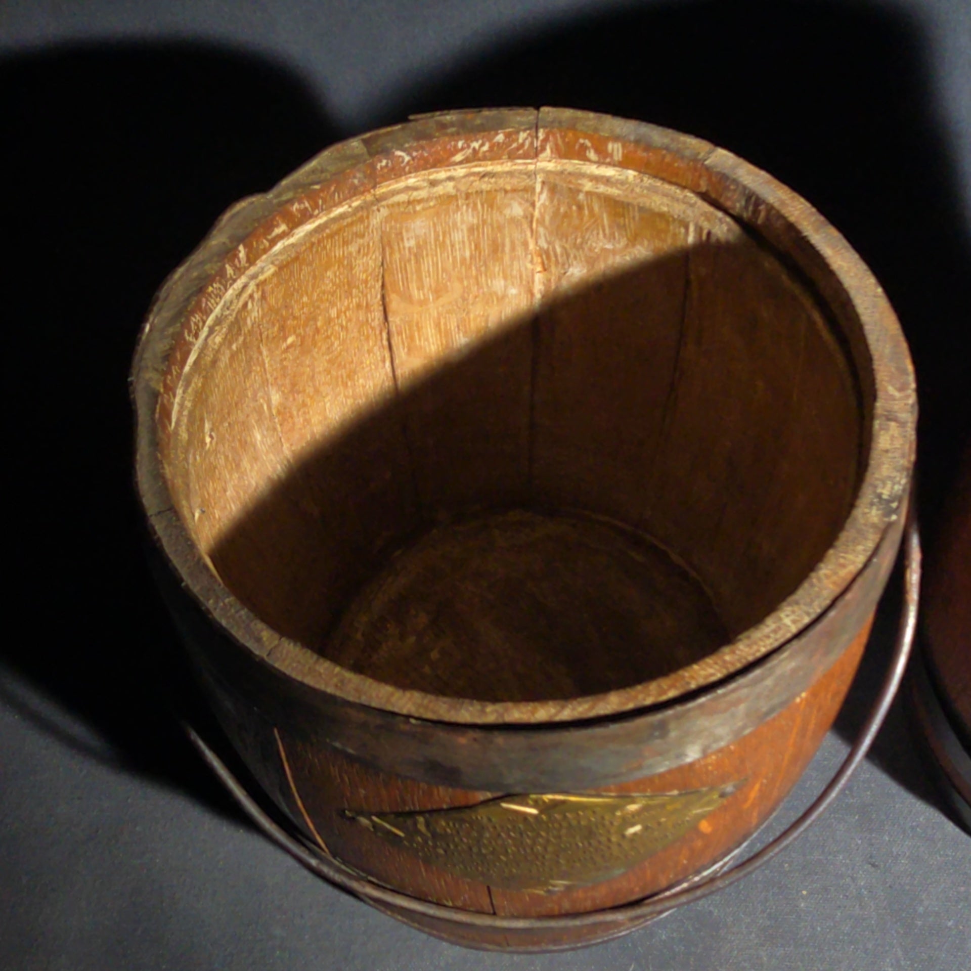 Trio of Antique Wooden Advertising Containers including F.W. Devoe & Co. White Lead Bucket with Brass Plaque, Hamilton's California Kadota Figs Barrel, and Briggs Smoking Tobacco Barrel