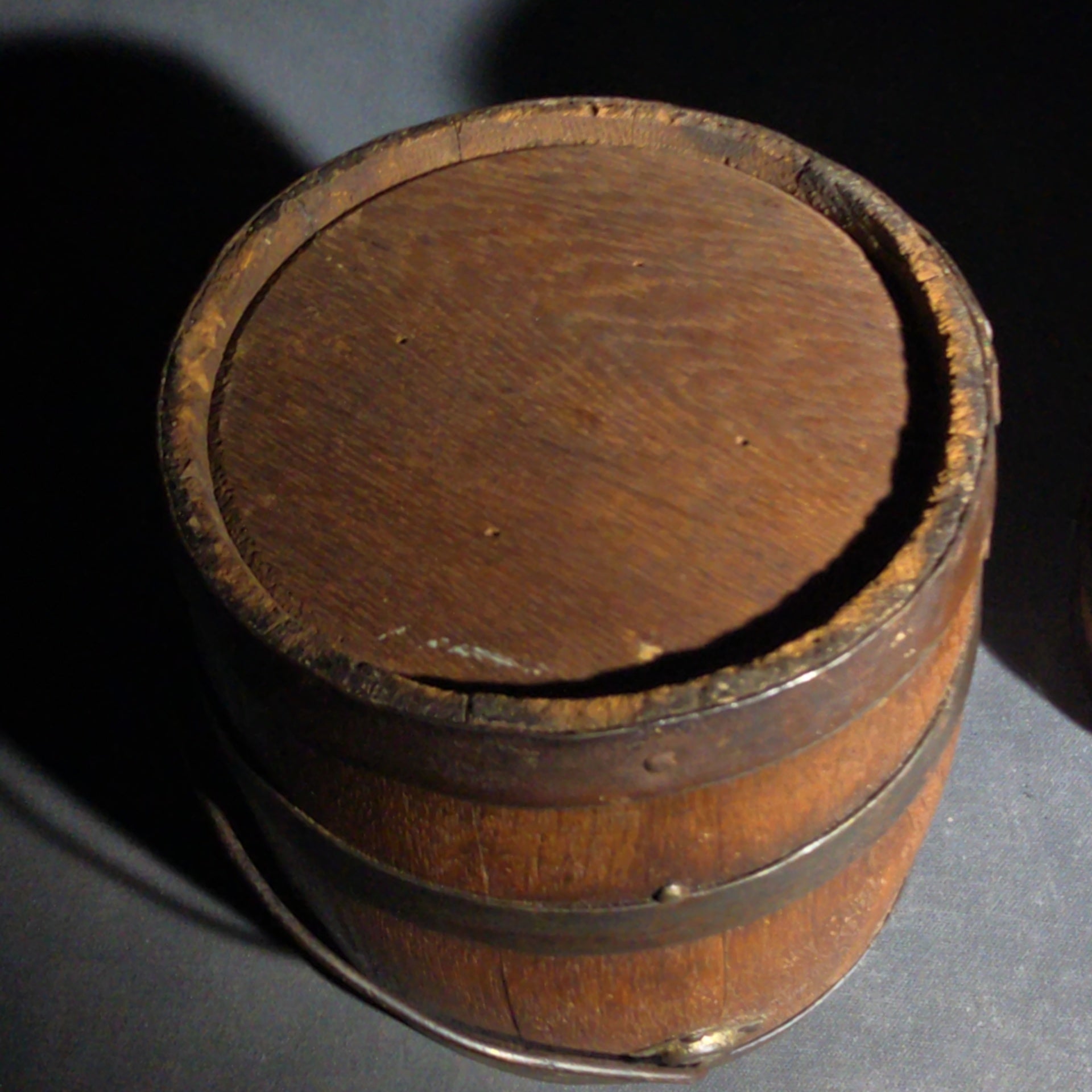 Trio of Antique Wooden Advertising Containers including F.W. Devoe & Co. White Lead Bucket with Brass Plaque, Hamilton's California Kadota Figs Barrel, and Briggs Smoking Tobacco Barrel