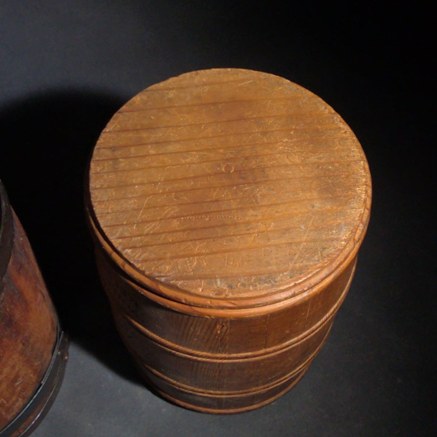 Trio of Antique Wooden Advertising Containers including F.W. Devoe & Co. White Lead Bucket with Brass Plaque, Hamilton's California Kadota Figs Barrel, and Briggs Smoking Tobacco Barrel