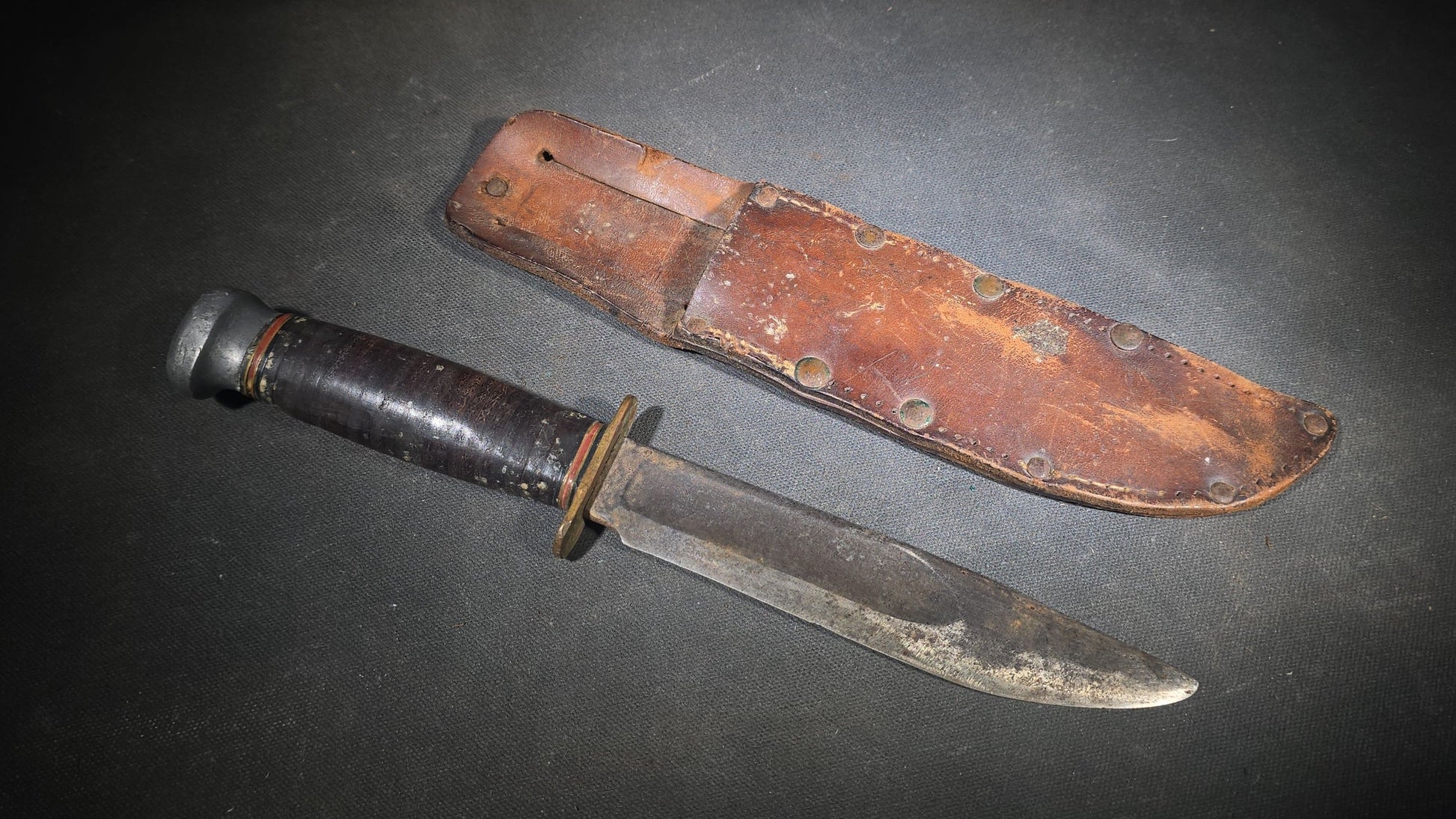 Vintage Marble's Fixed-Blade Knife with Stacked Leather Handle and Leather Sheath, Manufactured by Marble's, Gladstone, Michigan
