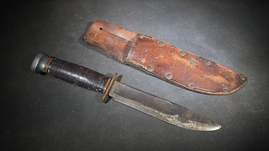 Vintage Marble's Fixed-Blade Knife with Stacked Leather Handle and Leather Sheath, Manufactured by Marble's, Gladstone, Michigan