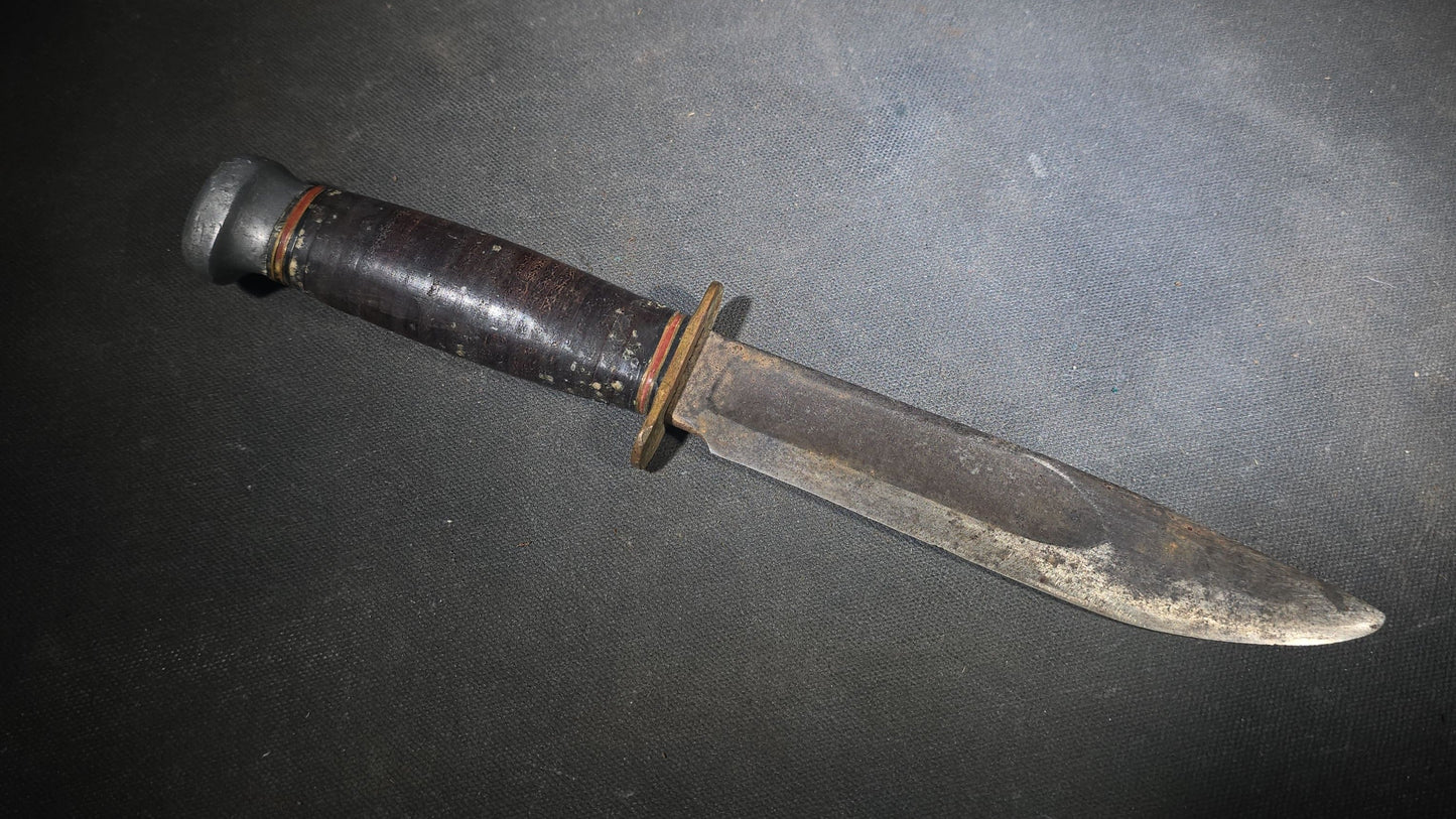 Vintage Marble's Fixed-Blade Knife with Stacked Leather Handle and Leather Sheath, Manufactured by Marble's, Gladstone, Michigan