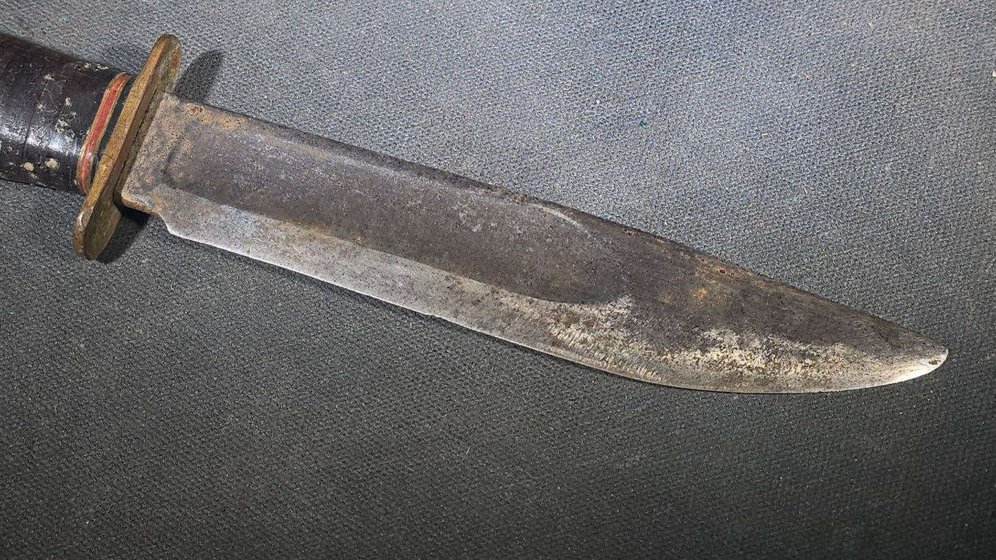 Vintage Marble's Fixed-Blade Knife with Stacked Leather Handle and Leather Sheath, Manufactured by Marble's, Gladstone, Michigan