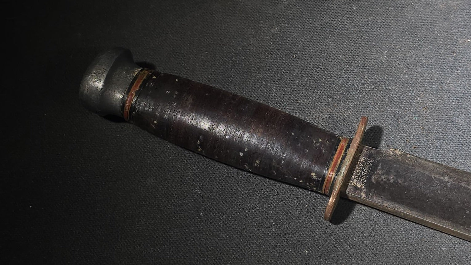 Vintage Marble's Fixed-Blade Knife with Stacked Leather Handle and Leather Sheath, Manufactured by Marble's, Gladstone, Michigan