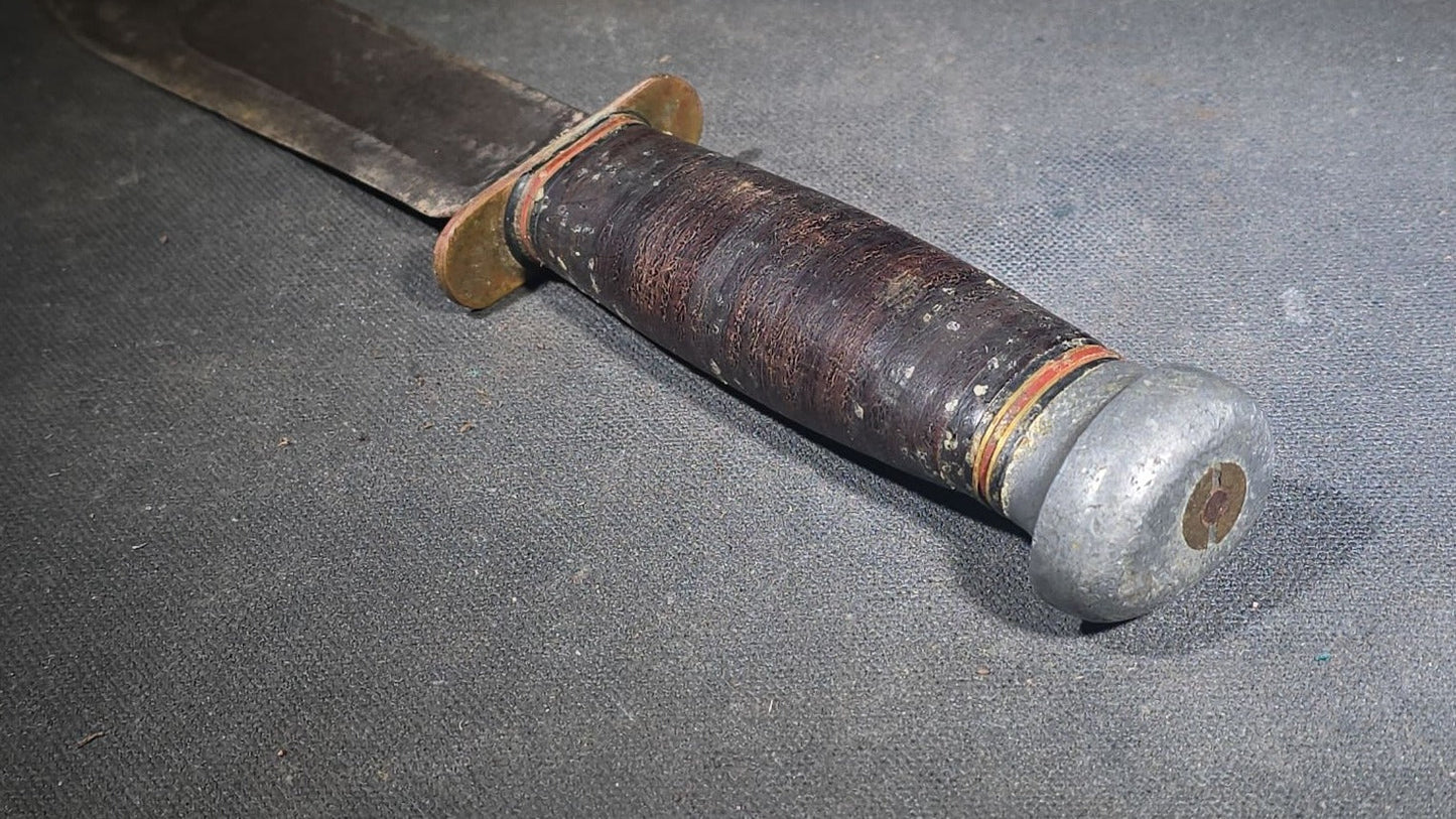 Vintage Marble's Fixed-Blade Knife with Stacked Leather Handle and Leather Sheath, Manufactured by Marble's, Gladstone, Michigan