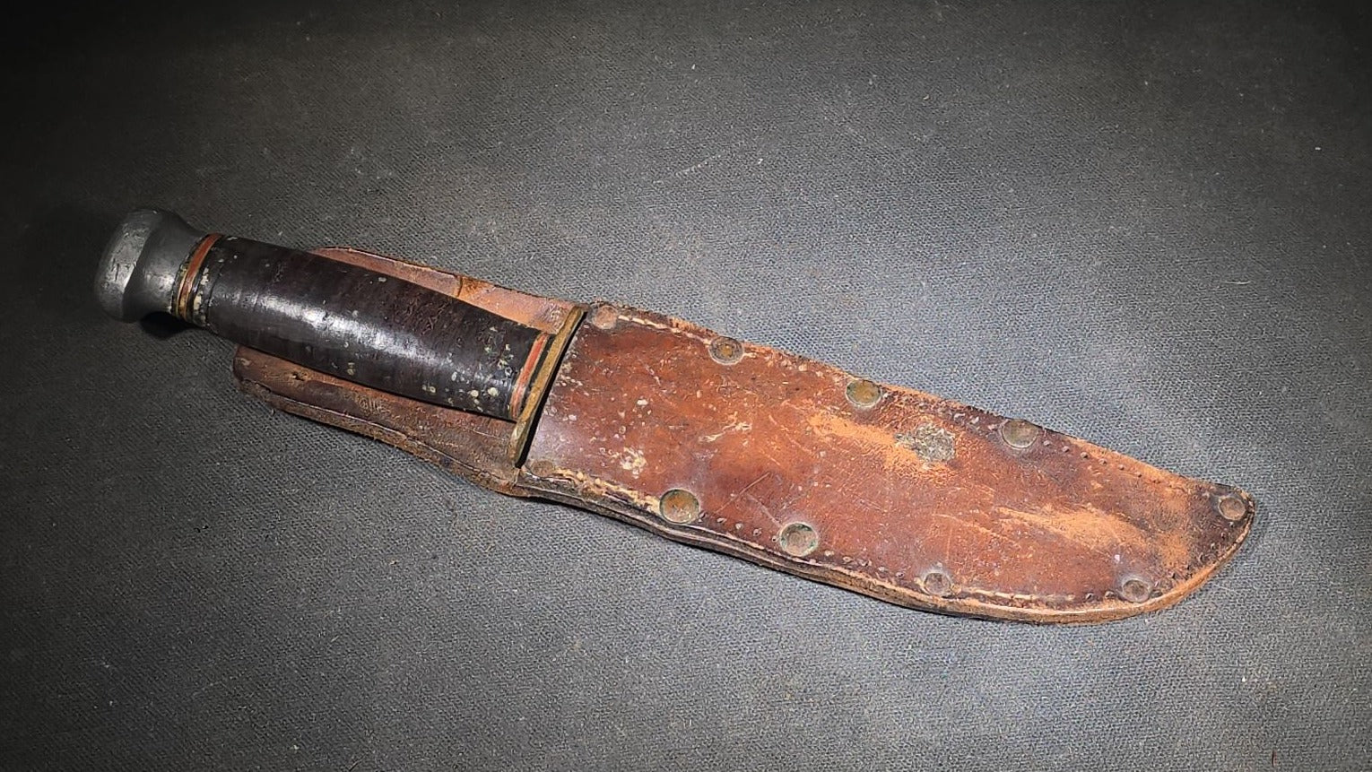 Vintage Marble's Fixed-Blade Knife with Stacked Leather Handle and Leather Sheath, Manufactured by Marble's, Gladstone, Michigan