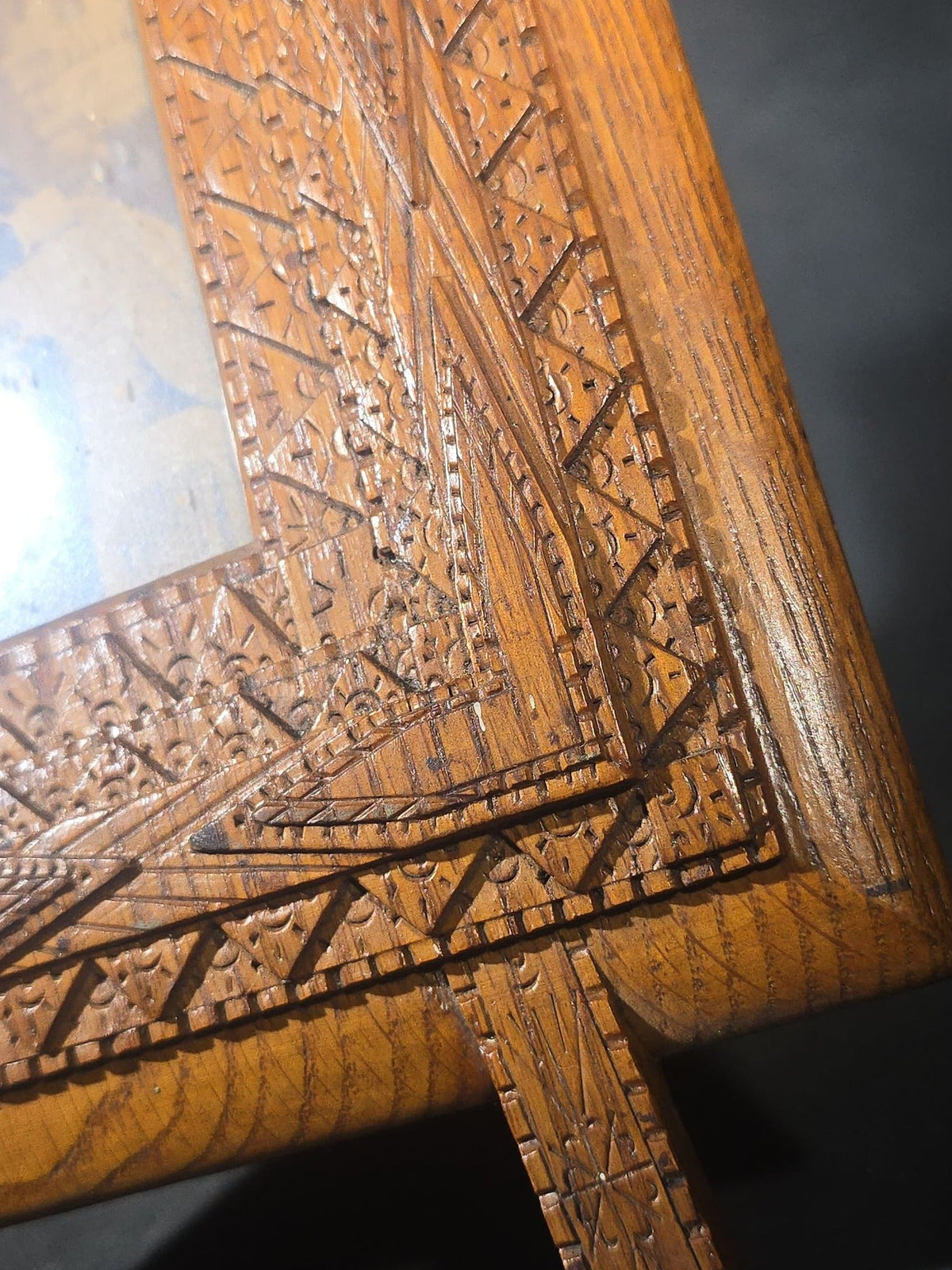 Antique Chip-Carved Folk Art Easel Picture Frame with Photograph of a Seated Young Woman