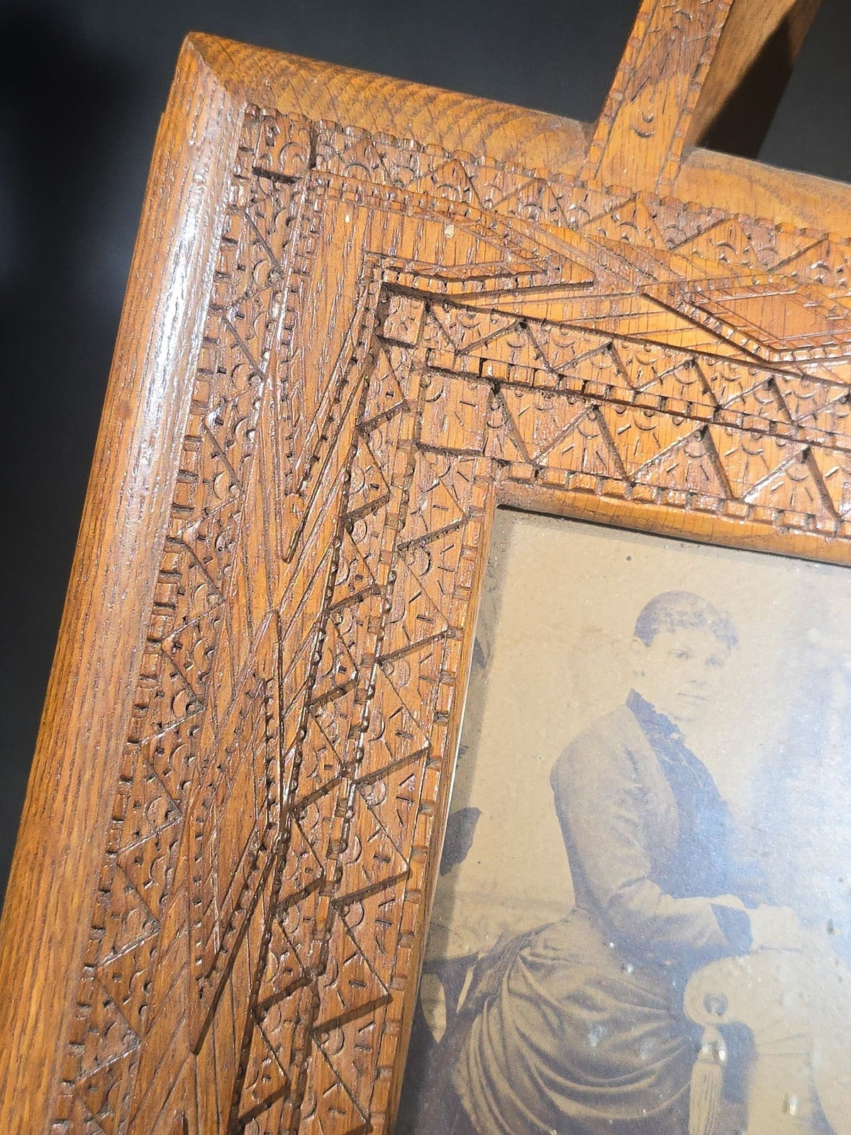 Antique Chip-Carved Folk Art Easel Picture Frame with Photograph of a Seated Young Woman