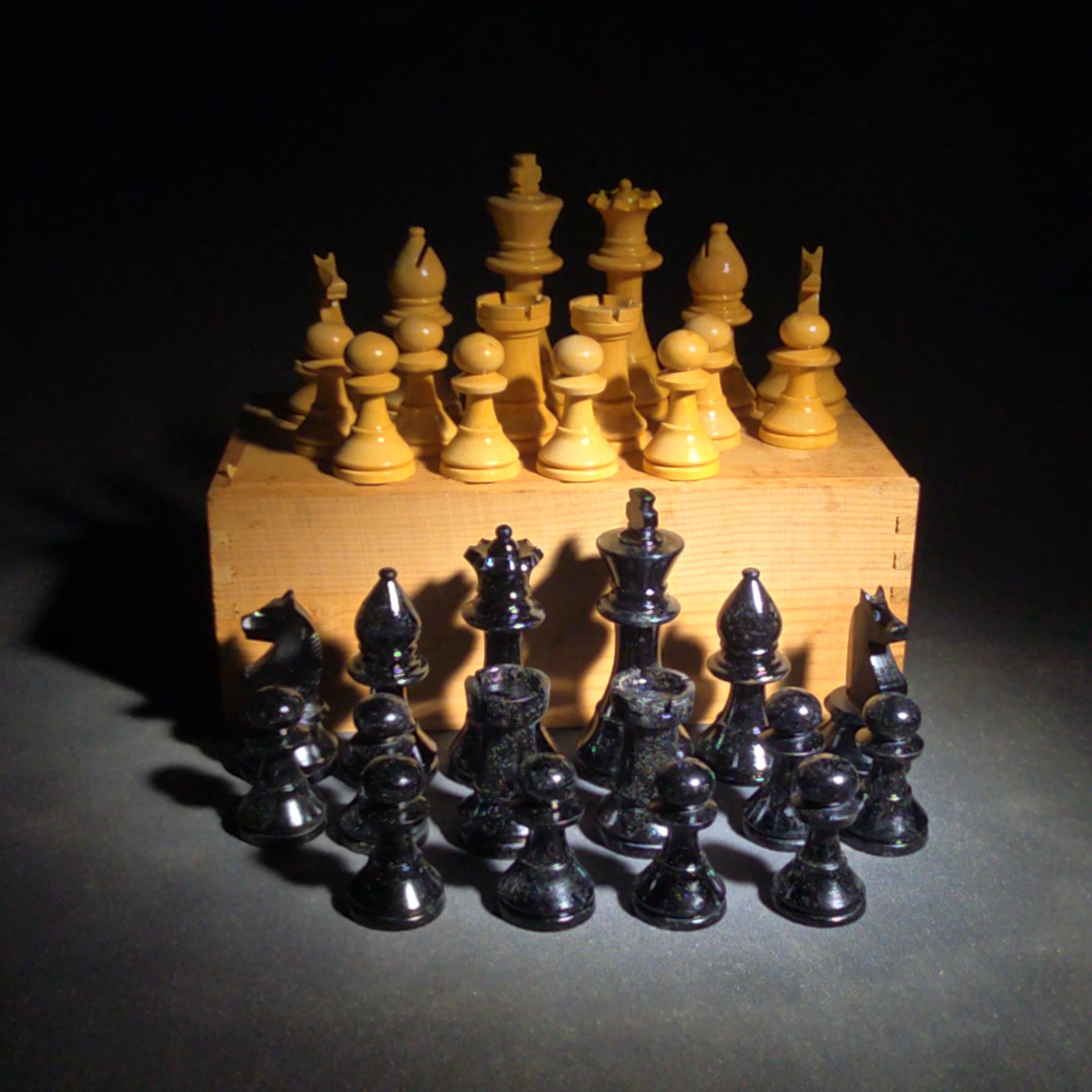 Vintage Complete Staunton-Style Carved Wood Chess Set in Wood Box, Manufactured by Phidias, Made in France