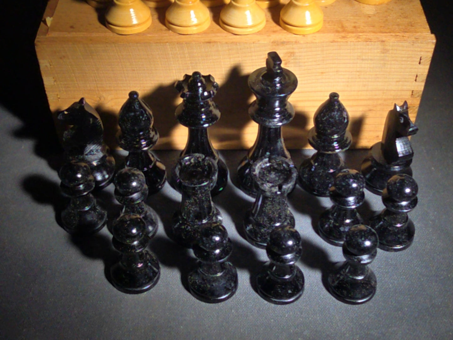 Vintage Complete Staunton-Style Carved Wood Chess Set in Wood Box, Manufactured by Phidias, Made in France
