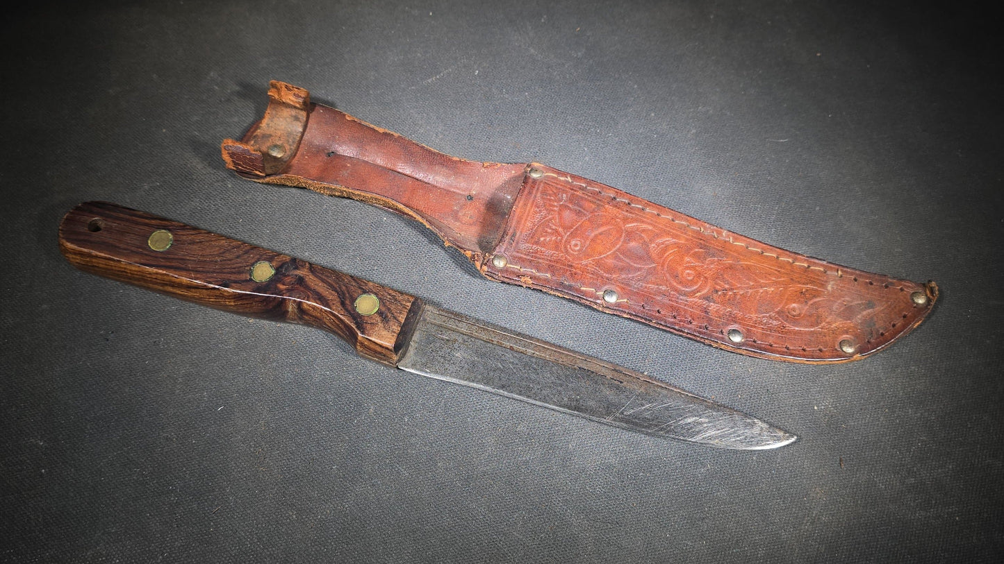 Vintage Herter's Inc. Fixed Blade Knife with Wood Handle and Tooled Leather Sheath