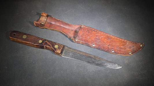 Vintage Herter's Inc. Fixed Blade Knife with Wood Handle and Tooled Leather Sheath