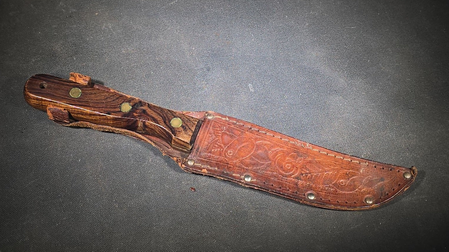 Vintage Herter's Inc. Fixed Blade Knife with Wood Handle and Tooled Leather Sheath