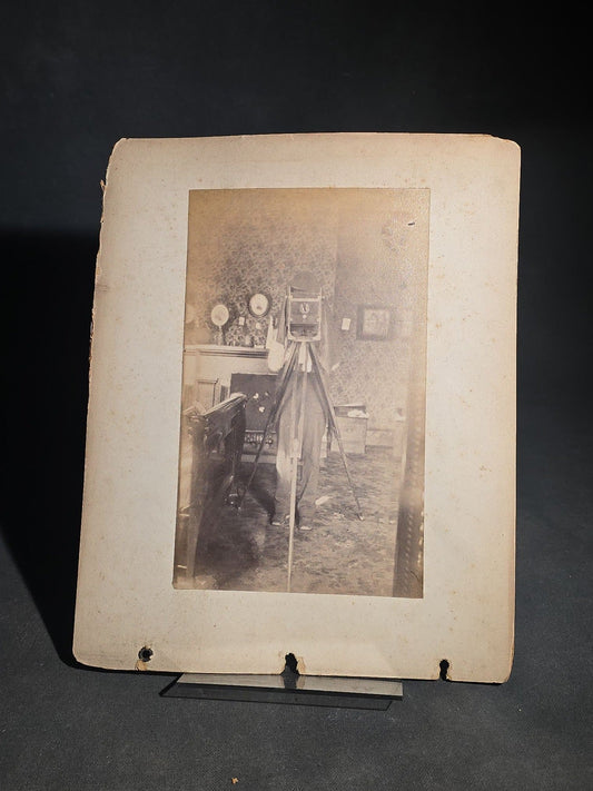 Antique Board-Mounted "Selfie" Photograph of a Large Format Camera on Tripod in a Domestic Interior, Mirror Self-Portrait, Ex-Album Page with Photograph of a Vacant Lot with Buildings on Verso